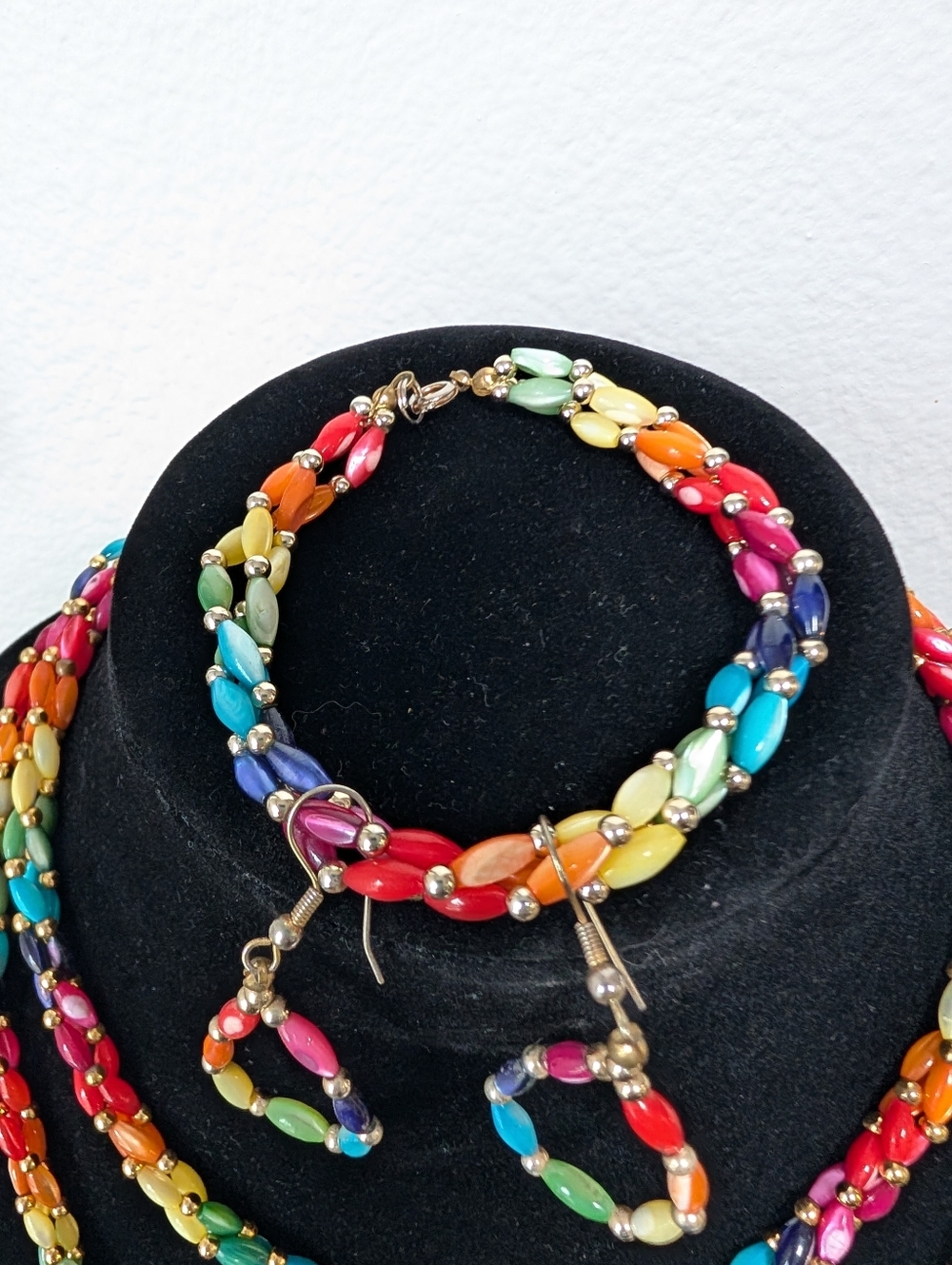 Braided Twist Colored Rainbow Mother of Pearl Necklaces, Earrings Bracelet Set - Picture 4 of 10